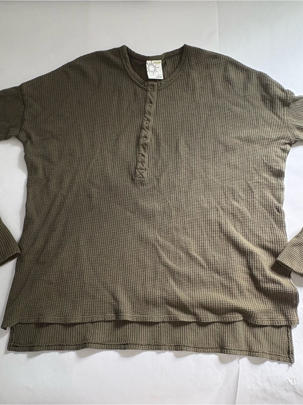 aerie Olive Waffle Knit Cotton Henley Long Sleeve with button down detail XS